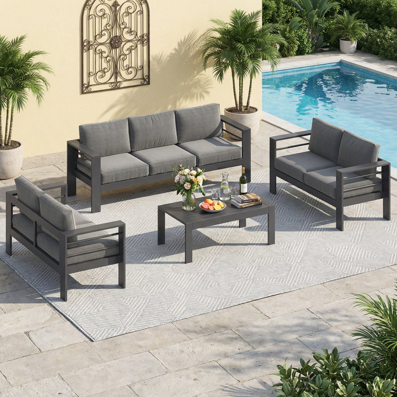 Ensemble de conversation de patio en aluminium 4 pièces avec coussins Brandtley, Cadre gris / coussin gris