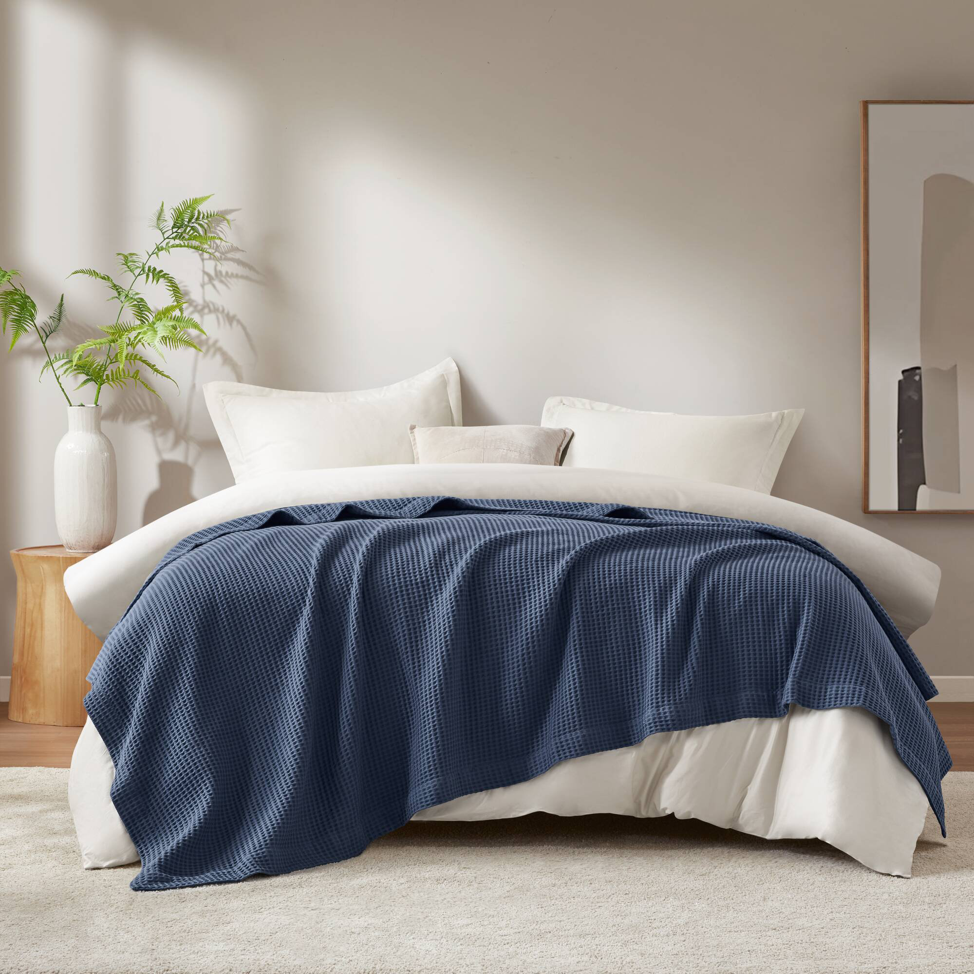Waffle Weave 100% Cotton Blanket, Indigo, Queen