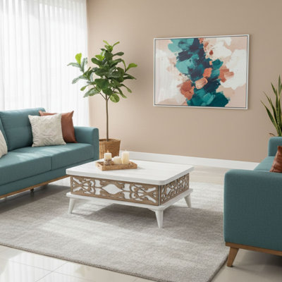 Table basse moderne blanche, dimensions réglables (35,4 x 15,0 x 23,6 pouces ou 47,2 x 27,6 x 27,6 pouces) | Panneau de particules 100% mélaminé avec pieds en plastique (5,9 pouces) | Design élégant et fonctionnel pour le salon