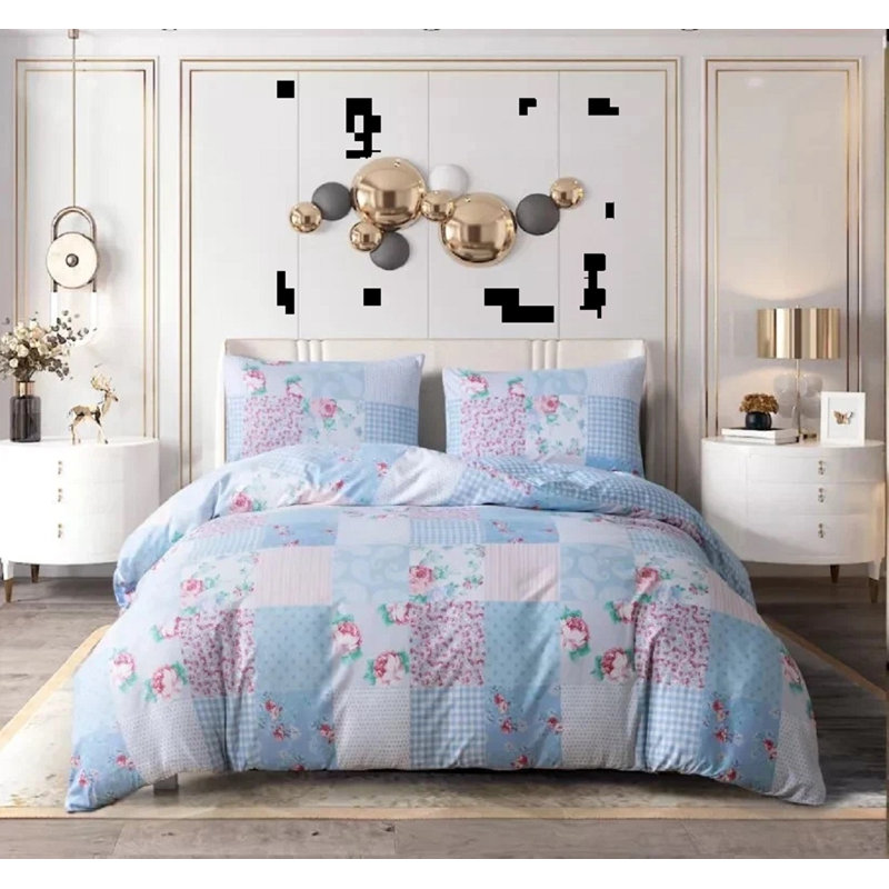 Cotton Patchwork Duvet Cover Set, King Duvet Cover Set + 3 Additional Pieces, Blue Patchwork