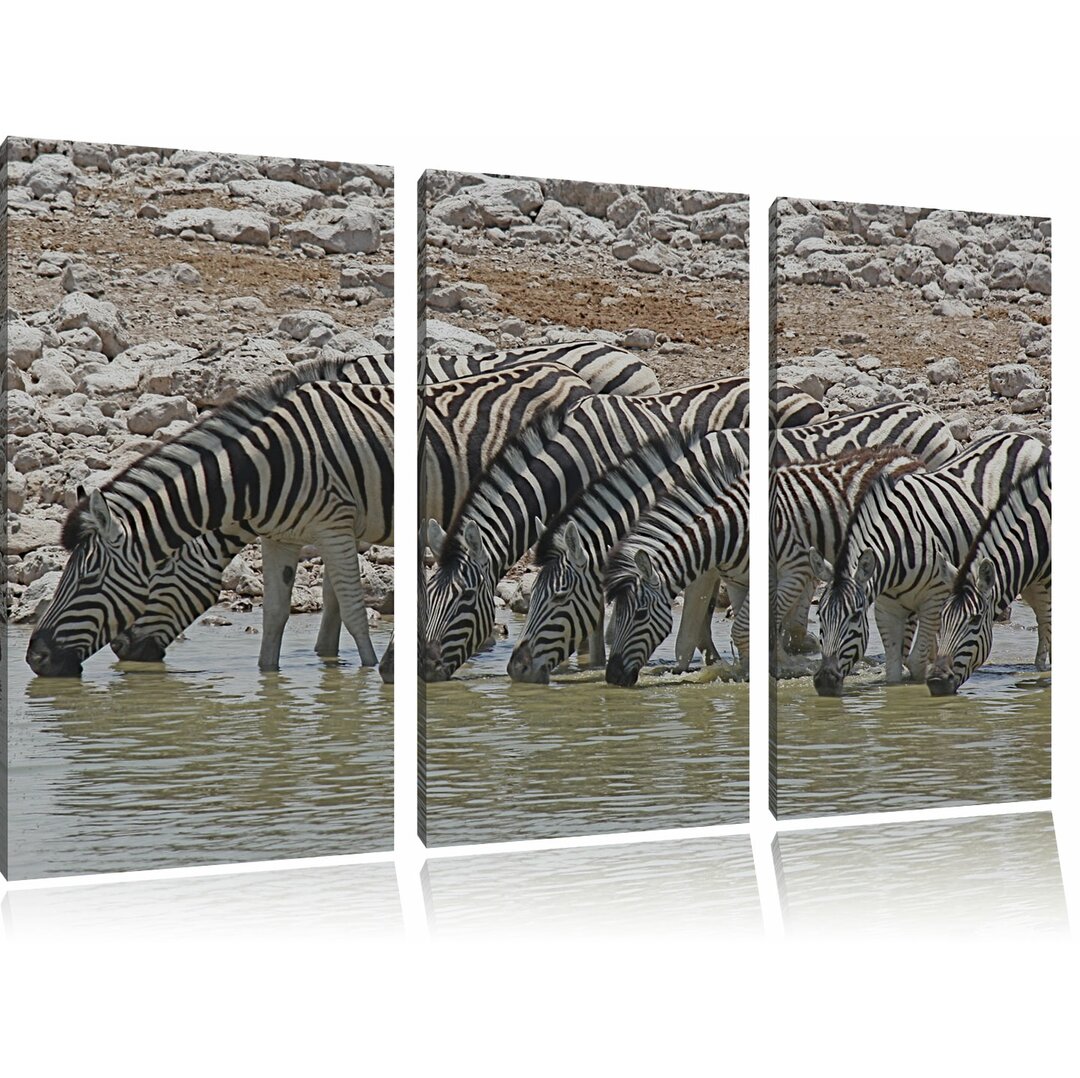 3-tlg. Leinwandbilder-Set „Zebraherde am Wasserloch“, fotodruck