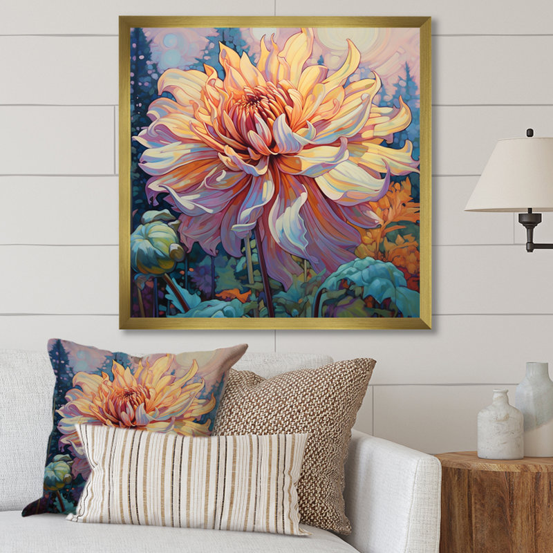«Chrysanthème rose en fleur dans un lac rétro», H 30 po x l 30 po x P 1 po, Cadre doré à une seule photo