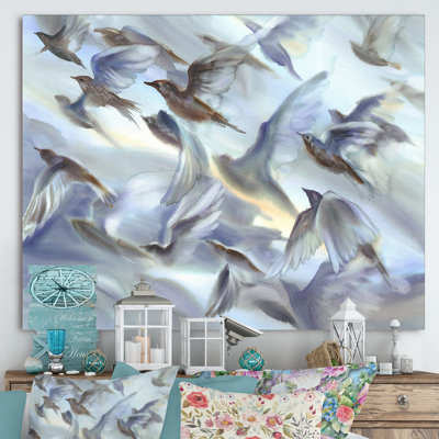 " Silhouttes Flock of Birds Flying on Pastel Background II " Painting