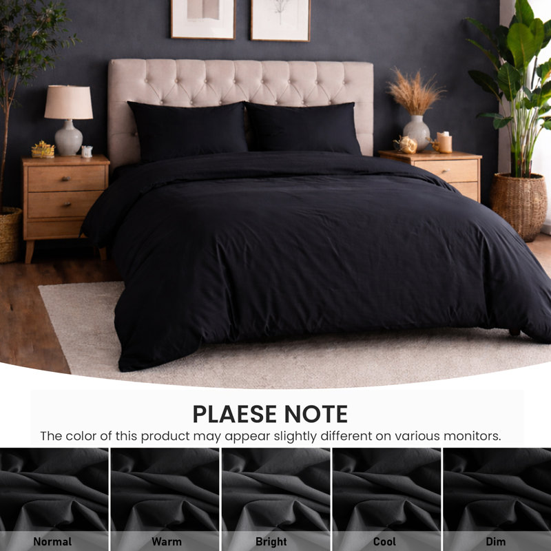 Plain Duvet Cover Complete Bedding Set - Duvet, Fitted Sheet with Matching Pillowcases, Black