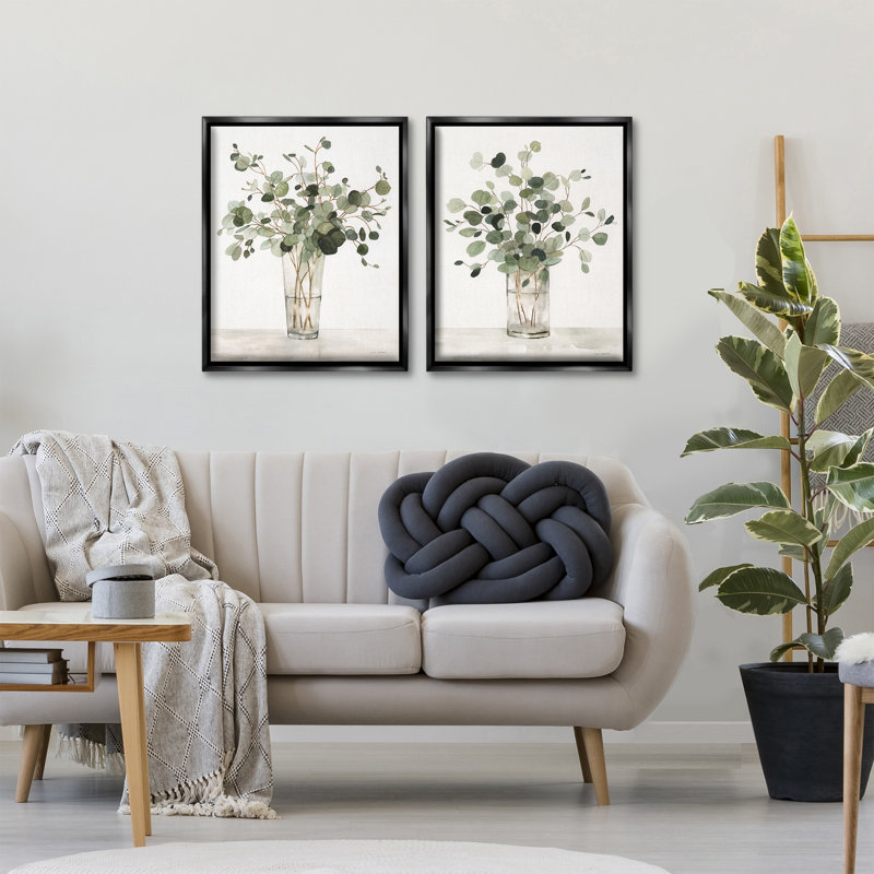 «Eucalyptus Herb Vases», ensemble de 2 toiles flottantes encadrées, design par Carol Robinson, Cadre flottant noir de jais