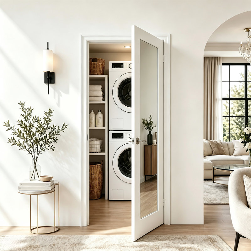 Interior Door Slab with Frame - 1 Lite Mirror White MDF Door, Prehung-Style Door Kit with Pre-installed Hinges, Locking Silver Handle Included, No Pre-drilled Holes