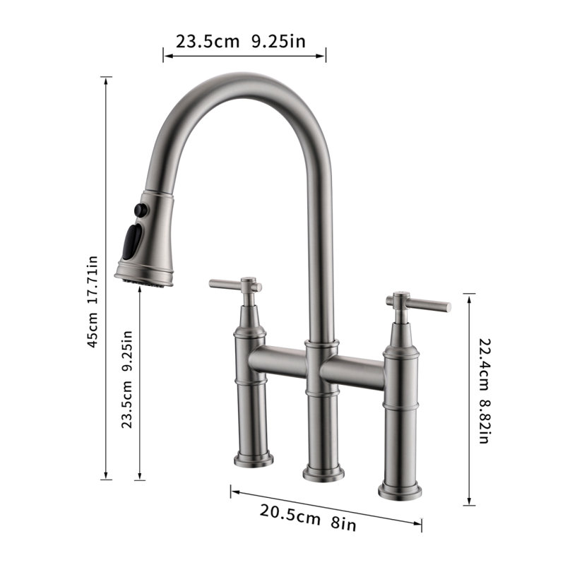 Robinet de cuisine à 3 trous en nickel brossé avec douchette rétractable et robinet à 2 poignées pour évier de cuisine