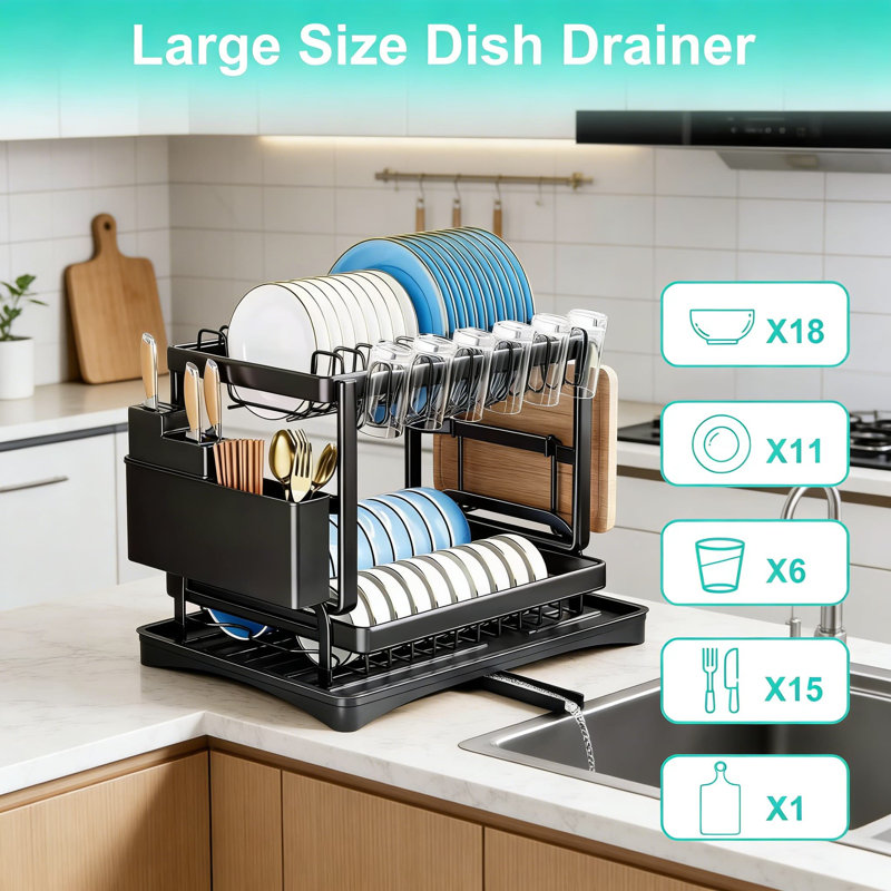 2-Tier Stainless Steel Dish Drying Rack With Drainboard & Utensil Holder, Large Capacity Space Saving Dish Drainer For Plates, Bowls, Cups, And Kitchenware