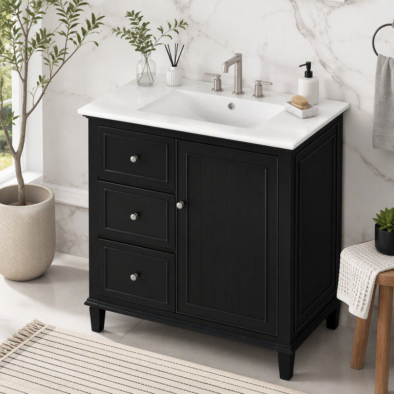 Meuble-lavabo de 30 po avec lavabo et rangement intelligent, Noir, 30