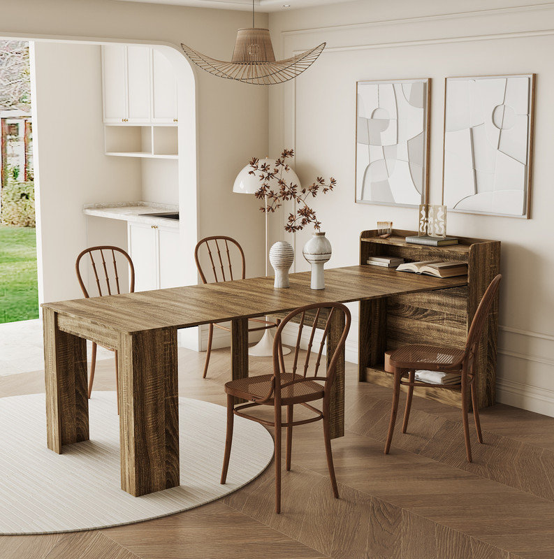 Table de salle à manger extensible en bois avec rangement Quentin, Naturel