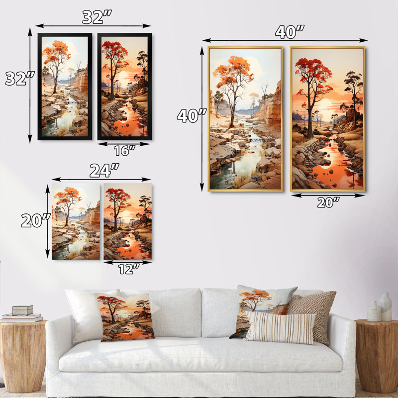 «Beige Orange African Valley», 2 pièces sur toile, Cadre noir, H 32 po x l 32 po