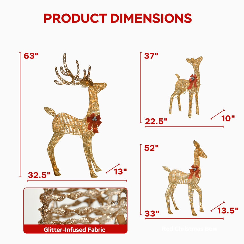 Light Up Deer Family Set Of 3, Outdoor Christmas Decorations, 63"/52"/37" Gold Reindeer With 210 Warm White LED, Christmas Deer Woven Rattan Deer With Bows, Indoor Outdoor Yard Lawn Xmas Decor