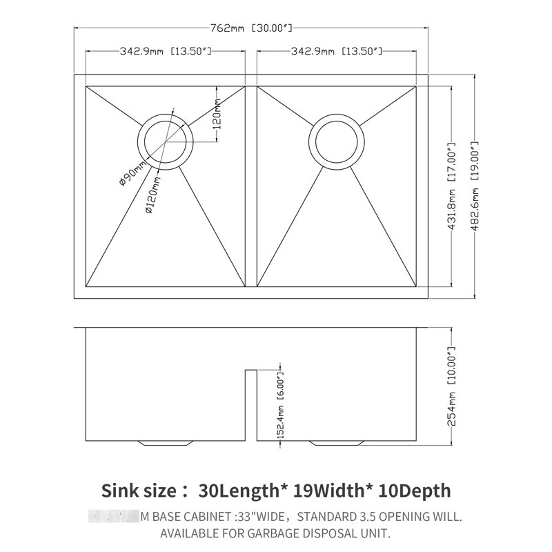 Évier 30 "à double cuve 50/50 de calibre 16 pour cuisine, cuves profondes de 10", fait à la main, bonde arrière de 3,5 po, rainures en X, insonorisation, revêtement de condensation, livré avec un plateau et un fond de séchage
