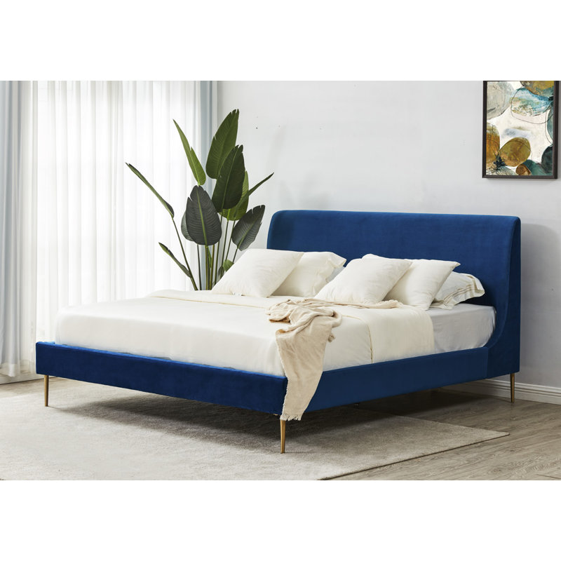 Venedy Upholstered Wingback Bed, King, Marine Velvet