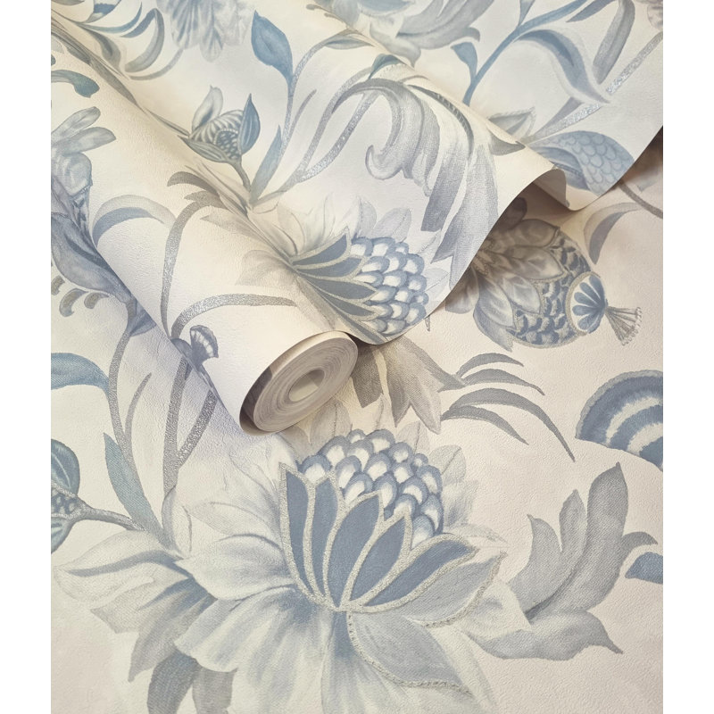 Rouleau de papier peint floral L 33 pi x l 21 po Shontoria, Bleu