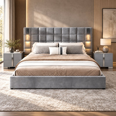 Ensemble de chambre à coucher 3 pièces, tête de lit tapissier avec grille, appliques murales à DEL, ports USB et 2 tables de chevet avec bande pailletée argentée