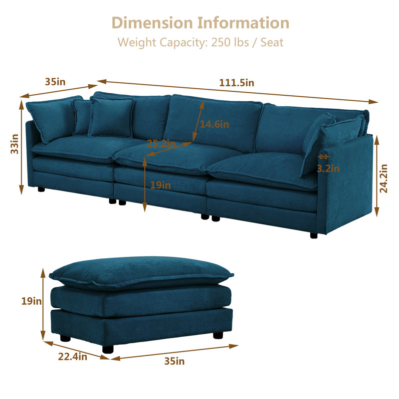 Canapé en chenille 4 pièces avec canapé et repose-pieds pour salon , H 33 po x l 111 po x P 35 po, Chenille bleu