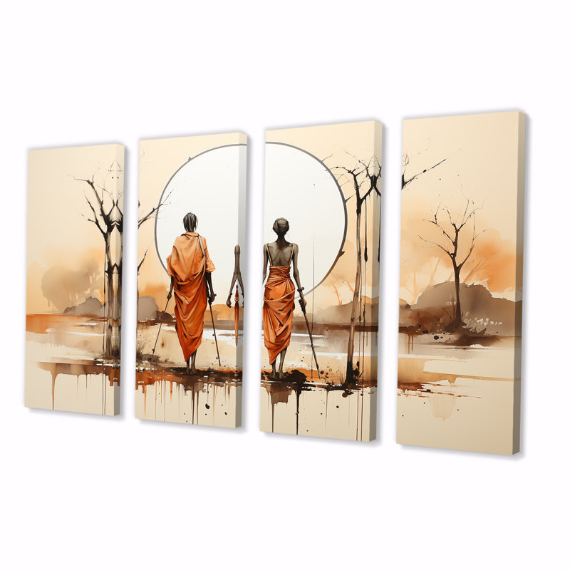 «Bushmen africain du Kalahari II», ensemble d'art mural africain 4 pièces, H 28 po x l 48 po