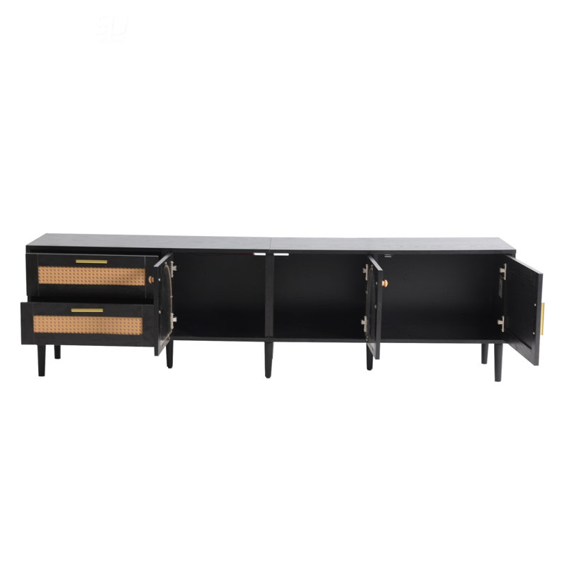 TV Stand with 3 Cabinets & 2 Drawers, Rattan-inspired Media Console Table for TVs up to 80'', Black
