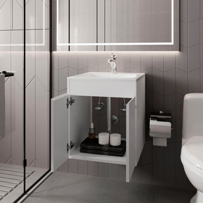 Design de meuble-lavabo blanc à deux portes, lavabo intégré, naturel pour une salle de bain plus lumineuse, classique et polyvalent, l 17,7 po x H 20,8 po x P 18,3 po, meuble-lavabo à panneau de particules, lavabo, espace lumineux, 20,8 po
