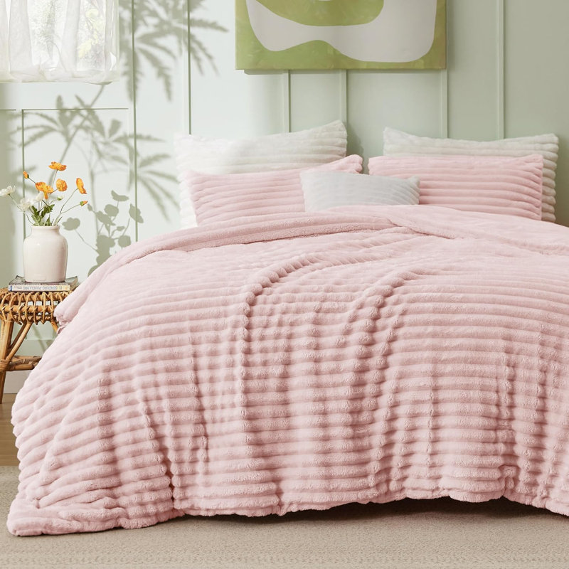 Ensembles d'édredon pour lit double - Literie 3 pièces en molleton rose moelleux, esthétique rayée confortable pour les chambres modernes et d'invités, décoration intérieure de luxe toutes saisons