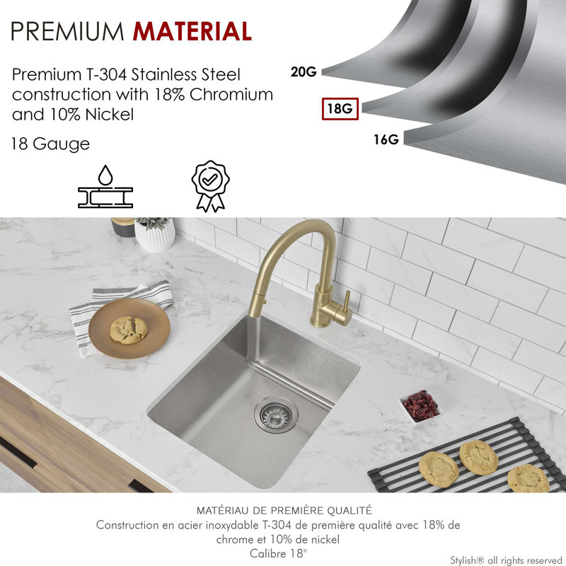 Builder Stylish Undermount or Drop-In 9" Single Bowl Stainless Steel Kitchen or Bar Sink, Soria S-417T, 8" H x 18" W x 15" D