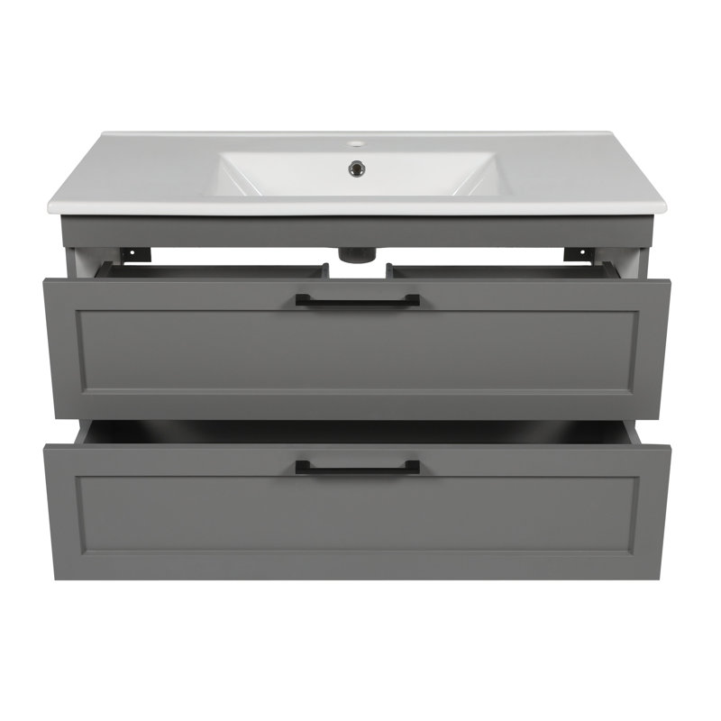 Palm Beach Gray Matte Wall-Mounted Bathroom Vanity with Ceramic Top