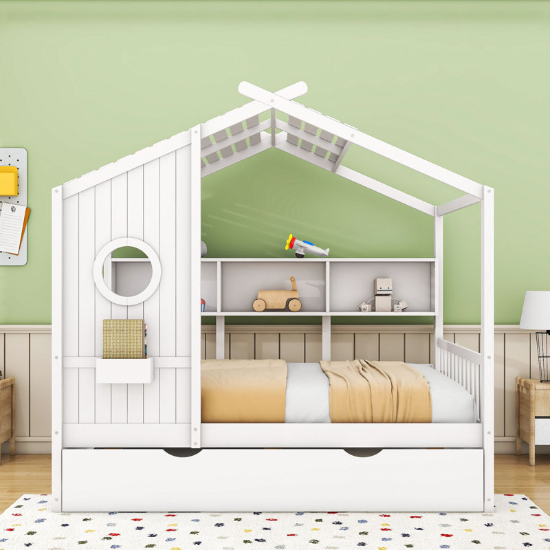 Lit maison avec lit gigogne simple et tablettes de rangement, toit, Double, Blanc