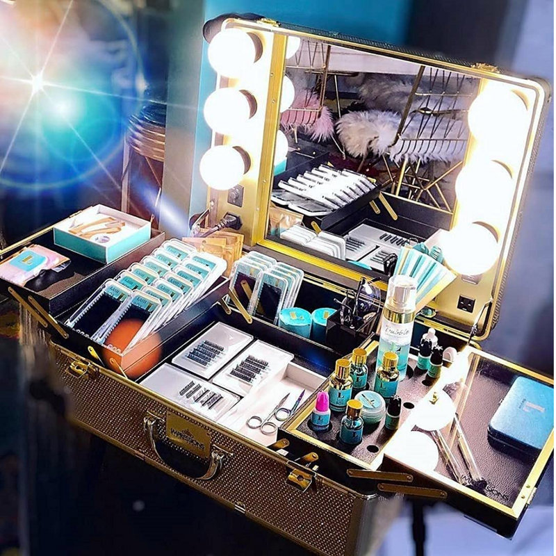 Slaycase XL Vanity Travel Train Case with LED Bulb Makeup Organizer Bag Including USB, Dimmer Switch, Champagne Sparkle
