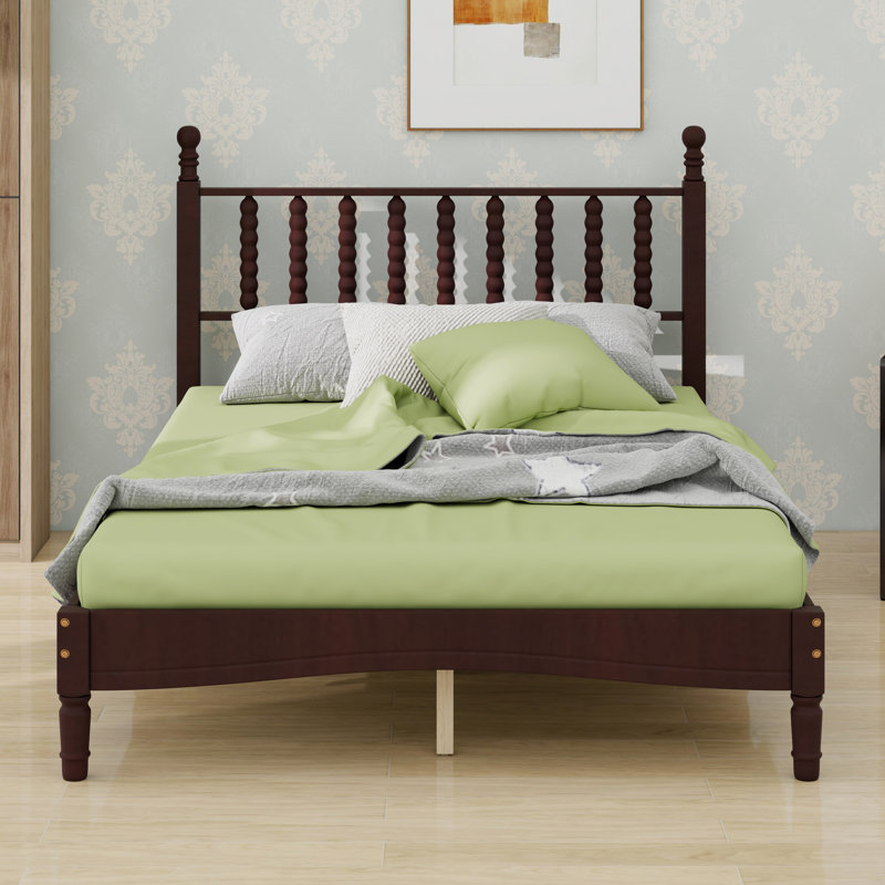 Lit plateforme en bois avec tête de lit gourde unique, conception rétro et support en lattes de bois, Double, Noyer