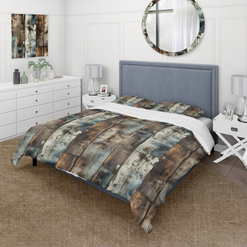 Queen Rustic Barnwood Weathered Tones Microfiber Duvet Cover Set