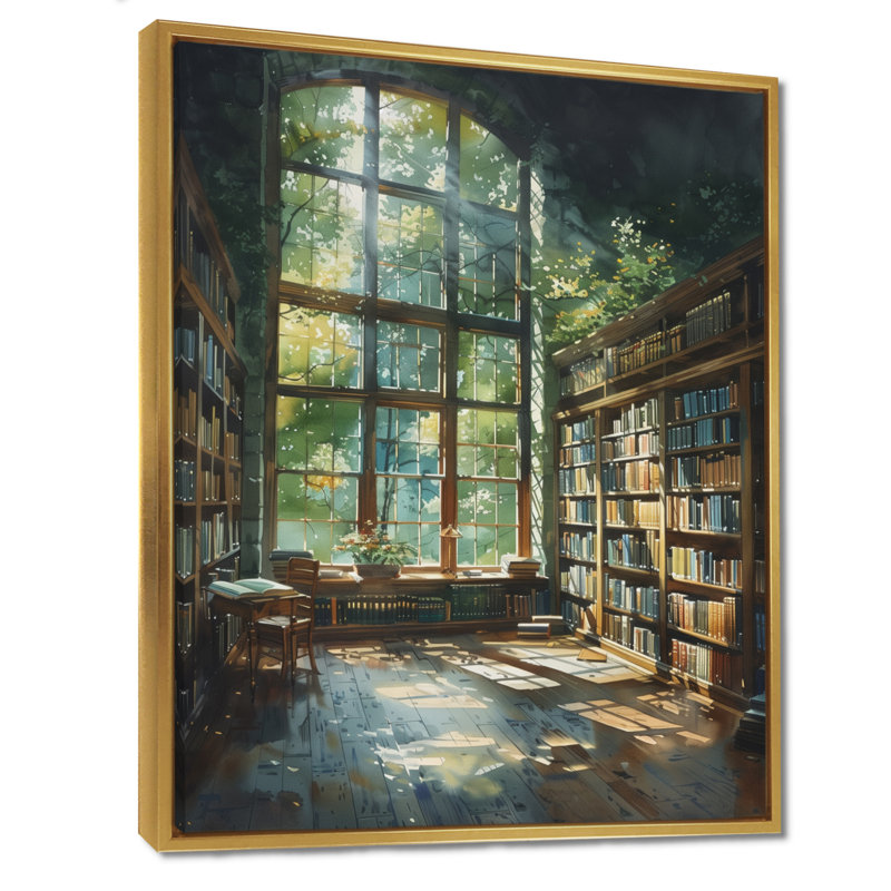Bibliothèque verte et brune, Quiet Haven II - Art encadré avec bibliothèque, Cadre flottant doré, H 24 po x l 32 po
