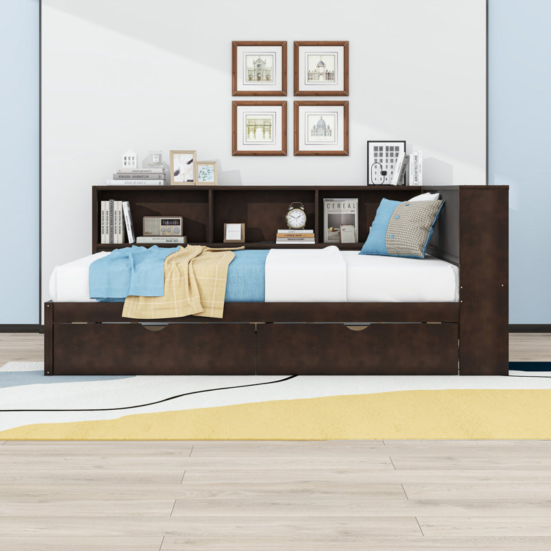 Lit de jour en bois pour grand lit avec éclairage DEL et rangement intégré, ports de chargement USB, Brun
