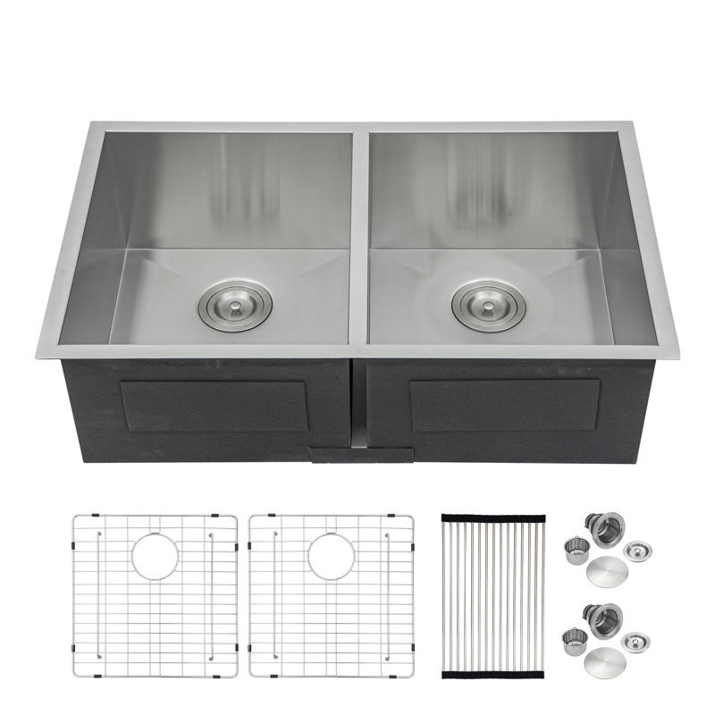 33" L x 19" W Undermount Double Bowl 50/50 Kitchen Sink 16 Gauge Stainless Steel Double Bowl Sink