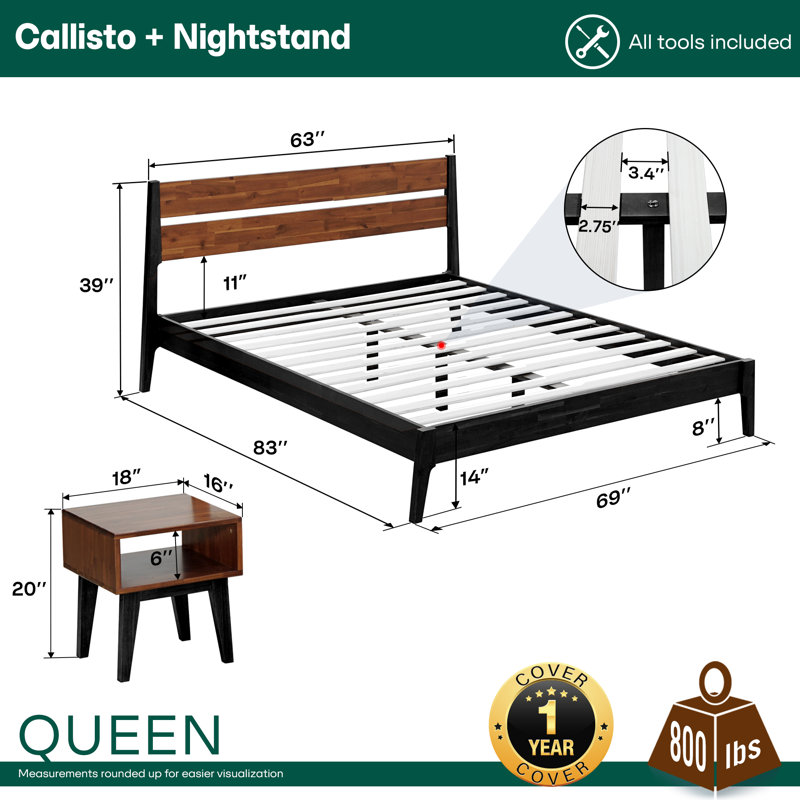 Ensemble de chambre à coucher 2 pièces - Structure de lit plateforme en bois massif et table de chevet assortie, style scandinave moderne Mid-Century, capacité de 800 lb, aucun sommier nécessaire