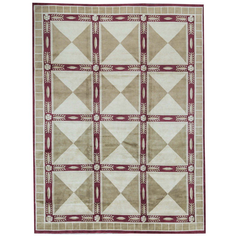 Himalayan Hand Knotted Wool Geometric Area Rug in Beige