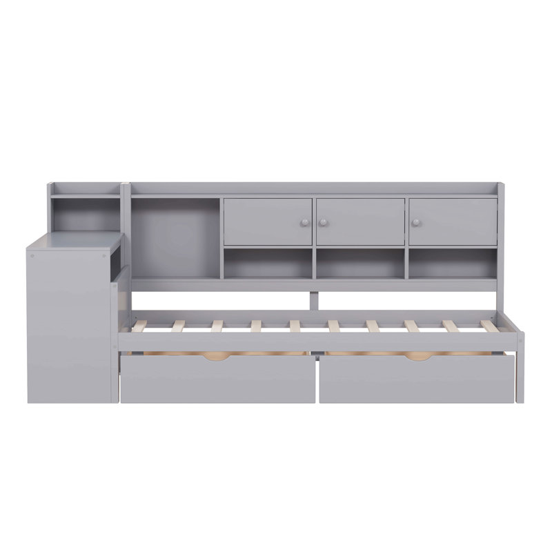 2 Drawers Daybed With Desk And Bookcase, Gray, Twin