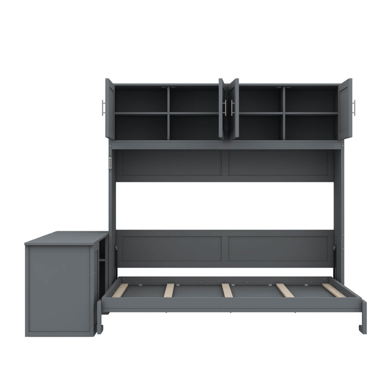 Lit escamotable mural avec bureau, tablettes de rangement et grandes armoires, Gris