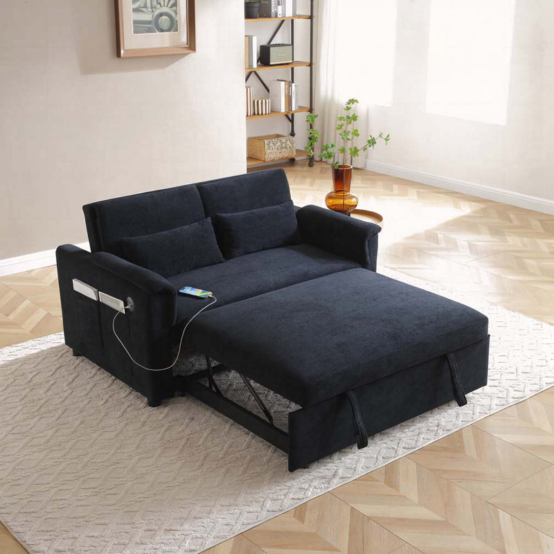 55" Velvet Two Seater Pull Out Sofa Bed, Adjustable Backrest With USB Ports, Two Side Pockets, Black