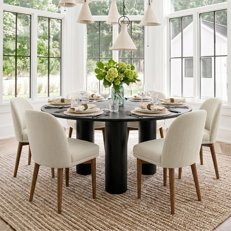 Modern 7-Piece Round Dining Set With Multi-Pedestal Base Table And Upholstered Wood-Leg Chairs, Beige