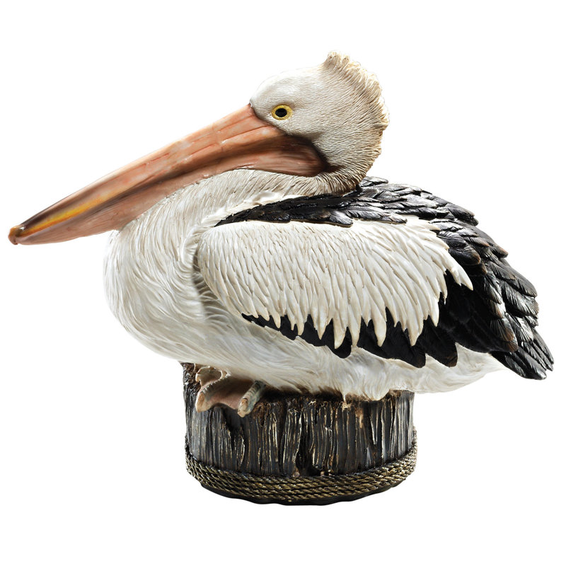 Naturalistic Hand-Painted Resin Pelican Statue on Aged Dock Post