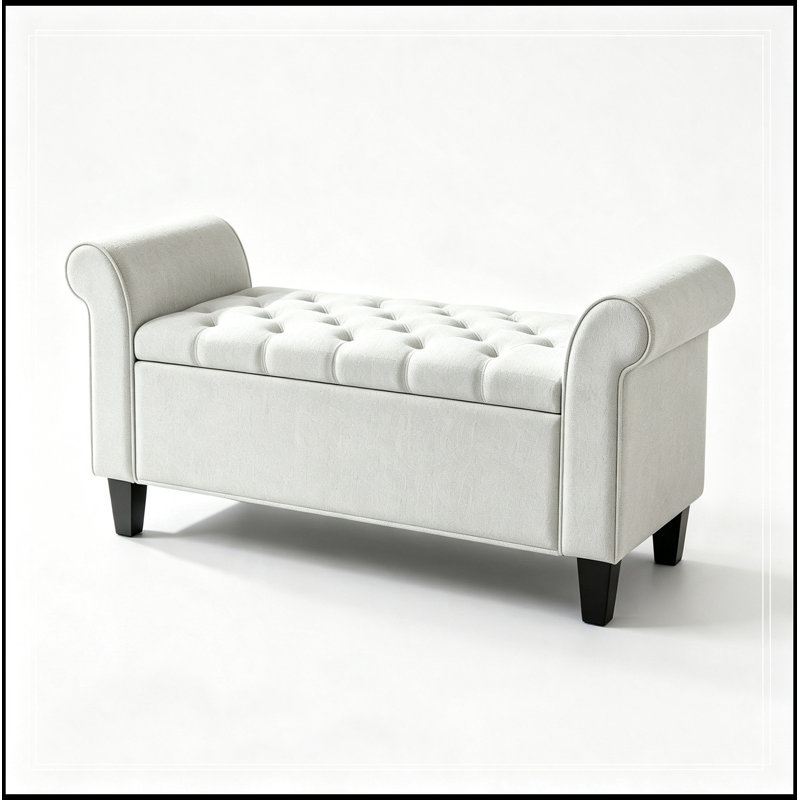 Meuble de rangement capitonné Stéphanie avec accoudoirs roulés, Blanc, crème