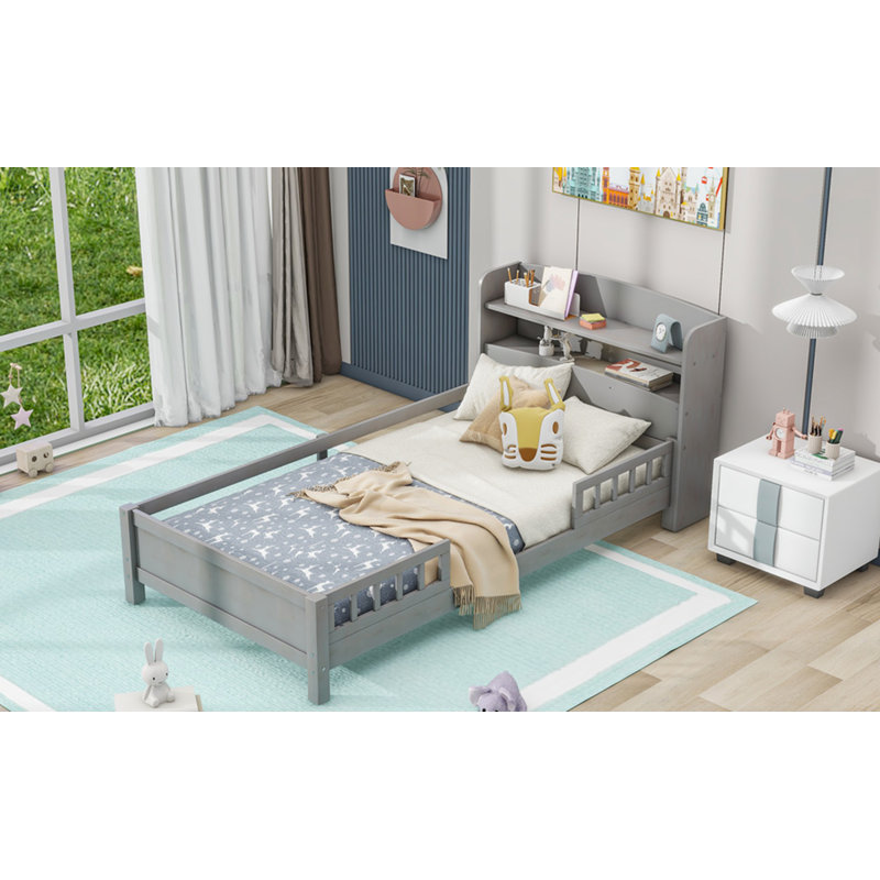 Lit plateforme simple en bois avec éclairage à DEL intégré, tête de lit avec rangement et garde-corps, Gris antique
