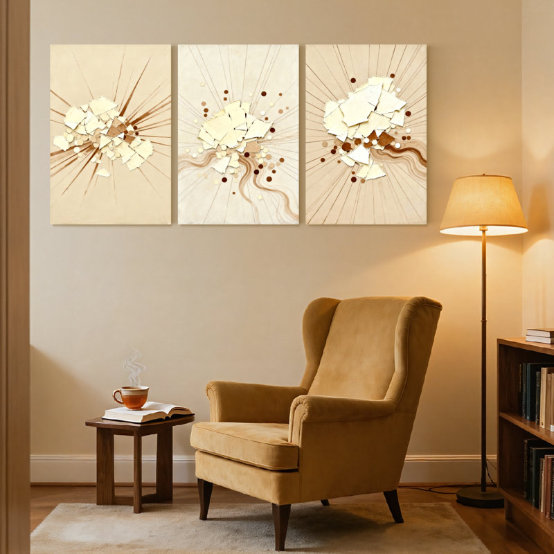 Abstrait abstrait Explosion avec pièces brisées et tourbillons, ensemble de 3 impressions sur toile, H 24 po x l 48 po
