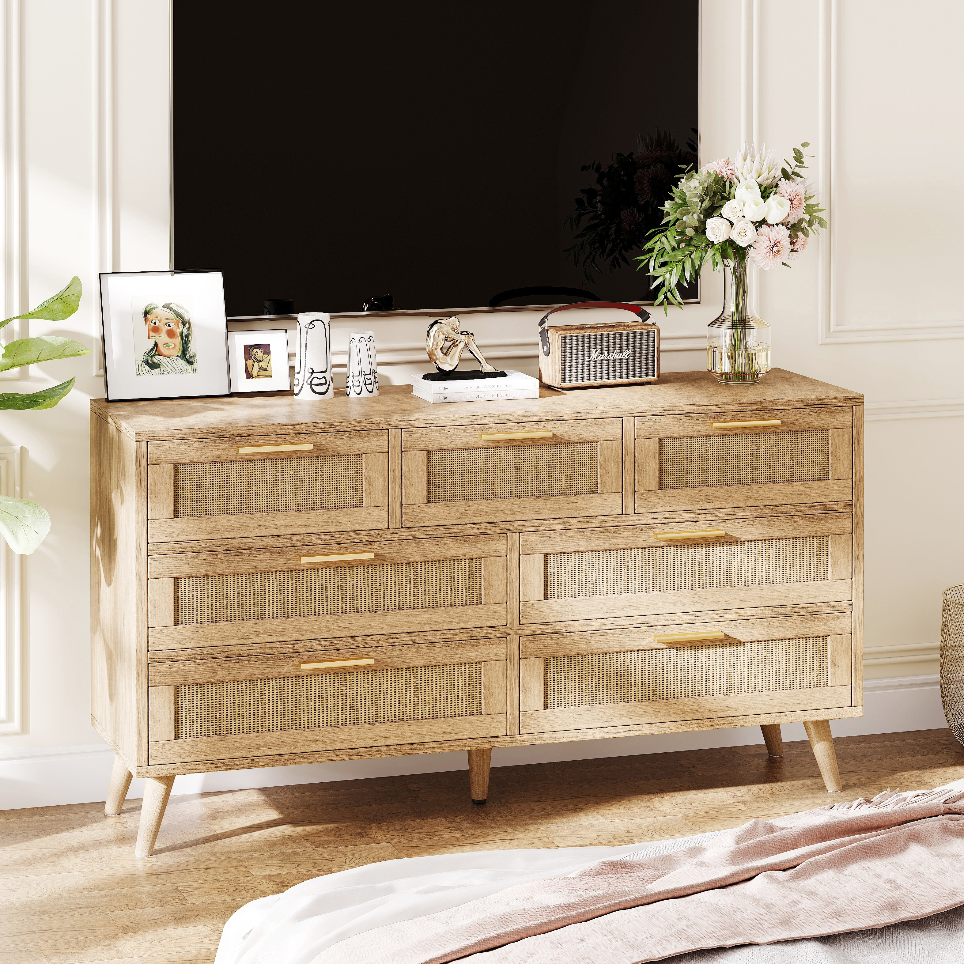 Postfield 7 - Drawer Dresser, Rattan Chest of Drawer for Bedroom