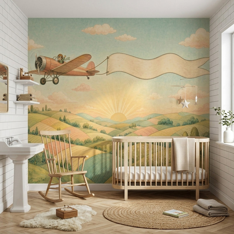 Vintage Airplane Wallpaper Pastel Sky Sunrise Wall Mural, 120"x96", Non-Woven Nonpasted