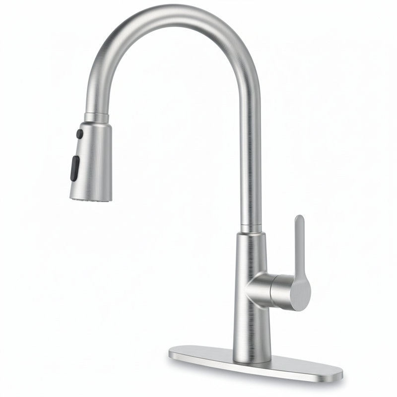 Modern Brushed Nickel High Arc Single Handle Kitchen Faucet With Pull-down Sprayer, 3-function Stainless Steel Sink Faucet With Deck Plate