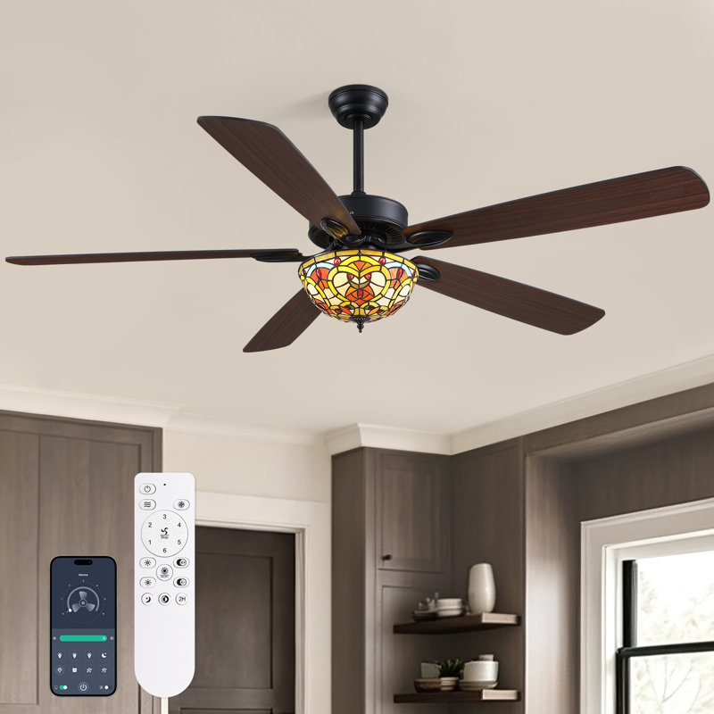 Ventilateur de plafond noir traditionnel de 65 pouces avec abat-jour Tiffany, rotation réversible et télécommande pour chambre et salon