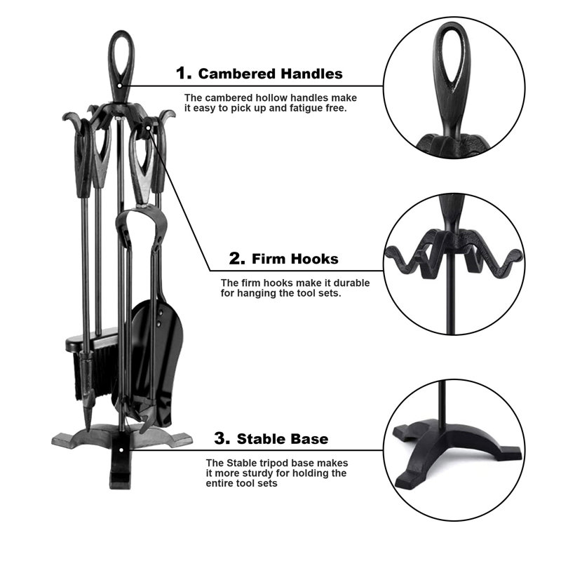 Leonie Steel Fireplace Tool Set, 64cm H x 20cm W x 20cm D, Matte Black