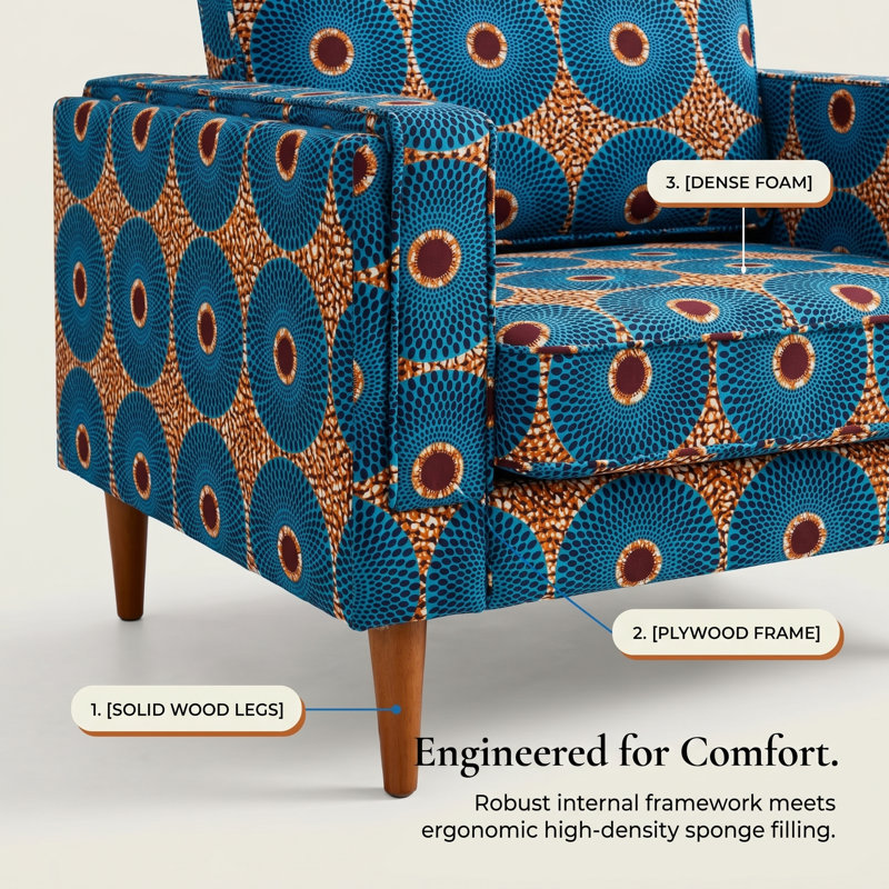 Damesha 40" Modern Fabric Armchair with Wooden Legs and High-Density Foam Cushion, Geometric Pattern Upholstery